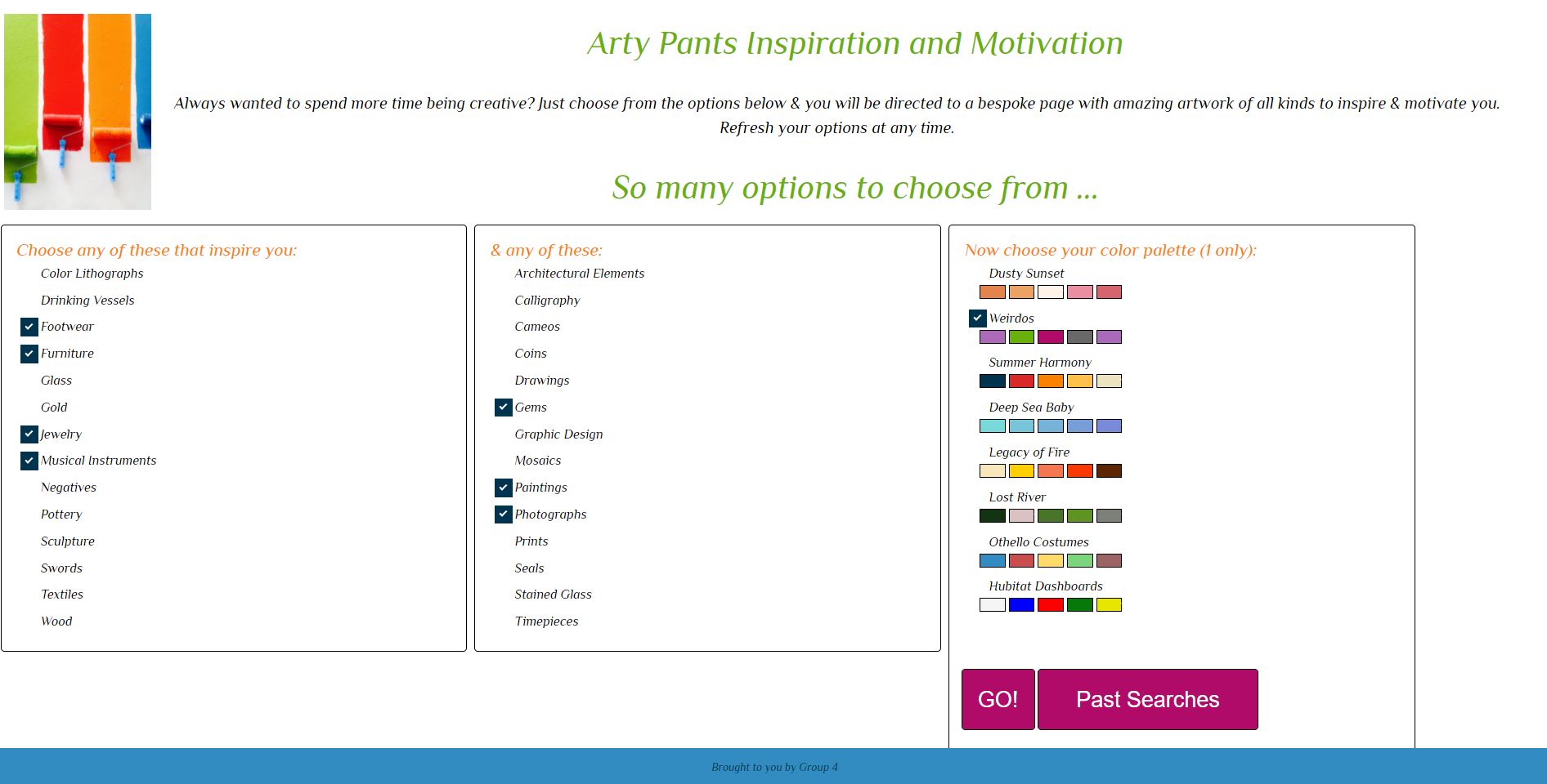 screenshot of arty-pants website