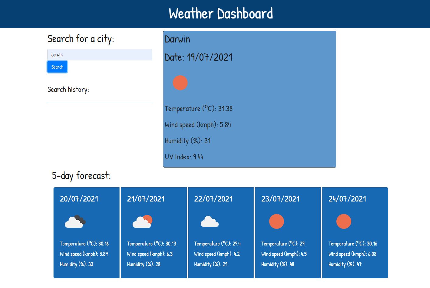 screenshot of weather dashboard