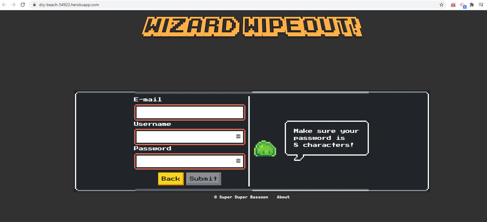 screenshot of wizard wipeout game login page